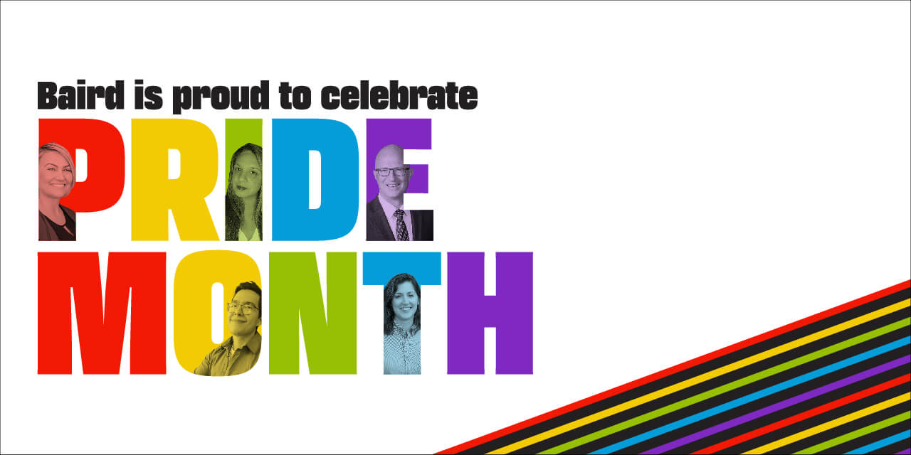 Graphic with the words "Liberty is proud to celebrate Pride Month" in multiple colors with red, yellow, green, blue, and purple diagonal stripes along the bottom right.